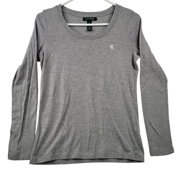 Lauren Ralph Lauren Gray Long-Sleeve White Logo Cotton Blend Womens Top Medium - Picture 1 of 6